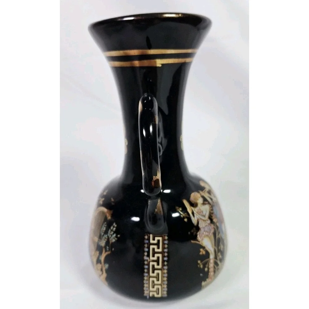 Vintage Greek Mythology Black Gold Amphora Vase‎ Double Handle Urn Harp Greece